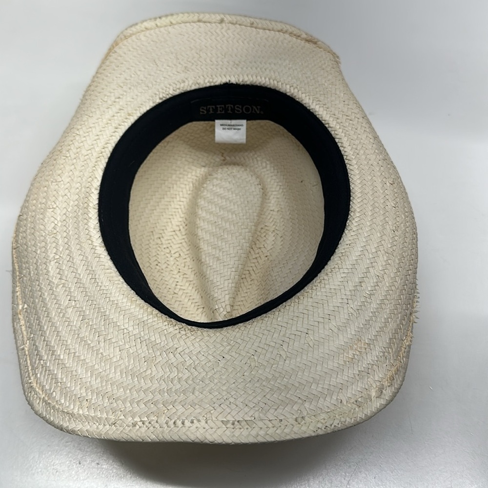 Stetson Cowboy Hat Western Straw Braided Belt Buckle Ivory Black Size Medium - Picture 7 of 10